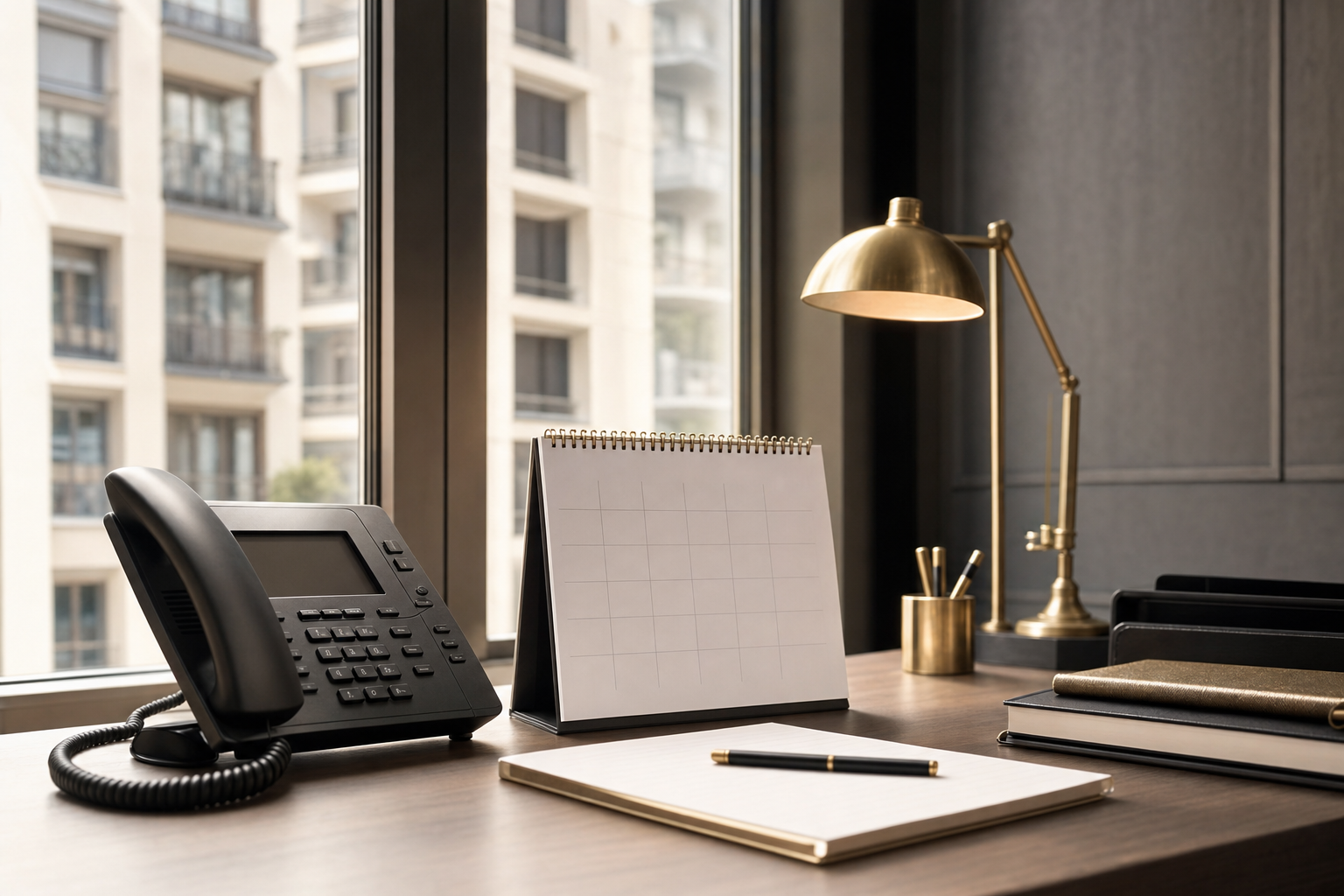 Telefon und Kalender im Verwaltungsbüro als Bildmotiv für Erreichbarkeit